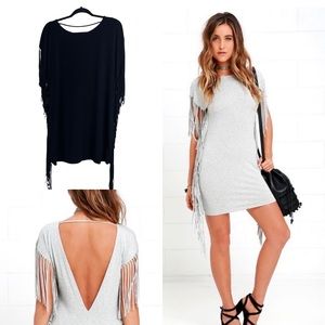 Lulus Fringe Rhyme and Reason Jersey Modal Knit Stretch Cutout Back Mini Dress.